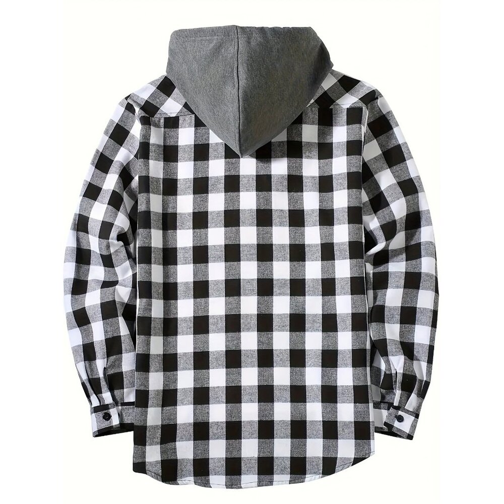 Men's Flannel Hoodie Jacket Casual Long Sleeve Button Down Plaid Shirt White - Picture 2 of 5